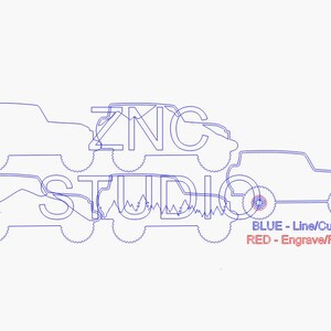 May include: Blue line art of several off-road vehicles with the text "ZNC STUDIO". The text "BLUE - Line/Cut" and "RED - Engrave/Fill" are also included. The image is a design for a laser cut or engraving project.