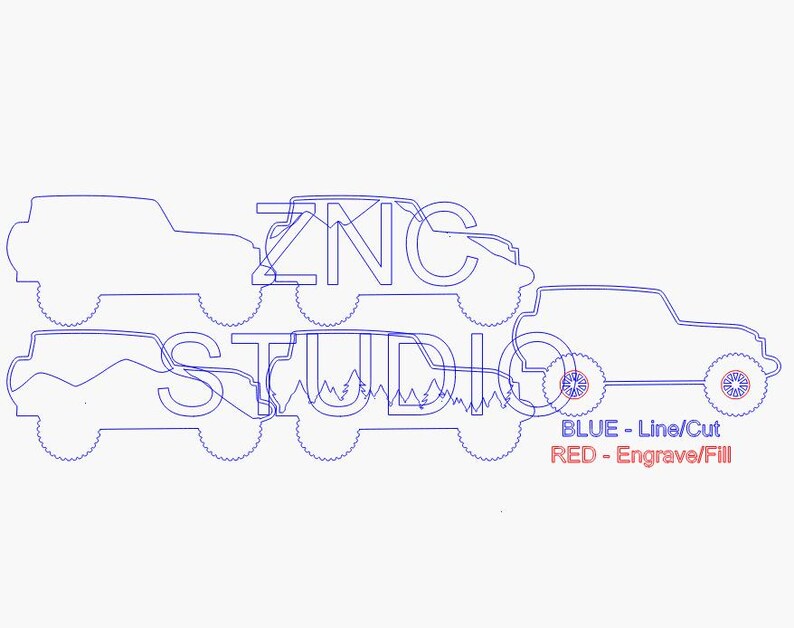 May include: Blue line art of several off-road vehicles with the text "ZNC STUDIO". The text "BLUE - Line/Cut" and "RED - Engrave/Fill" are also included. The image is a design for a laser cut or engraving project.