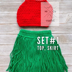 May include: A crochet set with a red halter top and a green skirt with fringe. The set is labeled "SET #1 TOP, SKIRT".