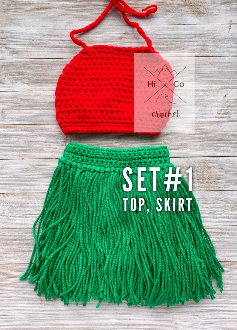 May include: A crochet set with a red halter top and a green skirt with fringe. The set is labeled "SET #1 TOP, SKIRT".