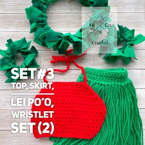 May include: A crochet set for a baby or toddler, featuring a red halter top, a green skirt with fringe, a green lei, and two green wristlets. The set is labeled "SET #3 TOP, SKIRT, LEI PO'O, WRISTLET SET (2)" and "Hi Co crochet".