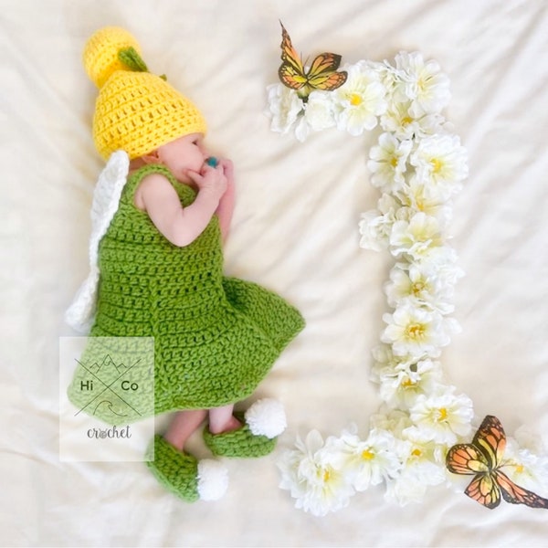 Tinkerbell inspired Costume, Crochet Tinkerbell Outfit, Disney Tinkerbell Dress, Fairy Birthday Party, Tinkerbell, Fairy, PaterPan, Costume