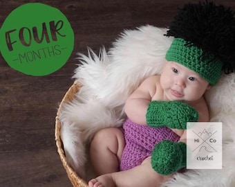 Incredible Hulk costume, Hulk Costume, Crochet Hulk Baby Set, Superhero Party, Birthday Party outfit, Crochet Hulk Yarn Hair, Yarn wig Hulk