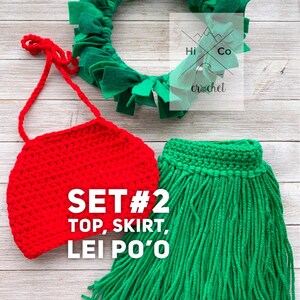 May include: A set of three crocheted items: a red halter top, a green skirt with fringe, and a green lei. The set is labeled "SET #2 TOP, SKIRT, LEI PO'O".