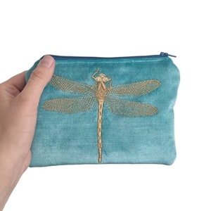 Light Turquoise Velvet Makeup Zipper Pouch With Large Gold or Copper Metallic Dragonfly Embroidery, Cosmetic Bag, Blue Toiletry Organizer zdjęcie 1