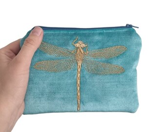 Light Turquoise Velvet Makeup Zipper Pouch With Large Gold or Copper Metallic Dragonfly Embroidery, Cosmetic Bag, Blue Toiletry Organizer