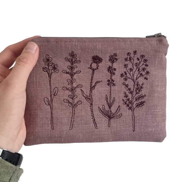 Mauve Linen Zippered Makeup Bag with Dark Botanical Plant Embroidery, Floral Cosmetic Bag, Romantic Handmade Valentine's Day Gift