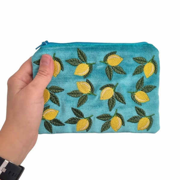 Green Turquoise Soft Velvet Makeup Zipped Pouch with Lemon Embroidery - Stylish Organizer and Cosmetic Bag, Luxury Makeup Case with Fruits