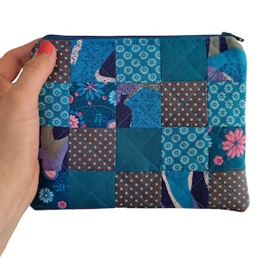 Turquoise patchwork cotton makeup pouch, handmade zipped cosmetic bag