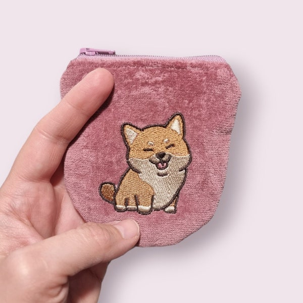 Old Rose Velvet Mini Zipper Pouch With Kawaii Shiba Inu Embroidery