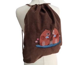 Woodland Bears Corduroy Backpack - Embroidered Drawstring Gym Bag for Preschool Kids with Whimsical Tea-Drinking Bears
