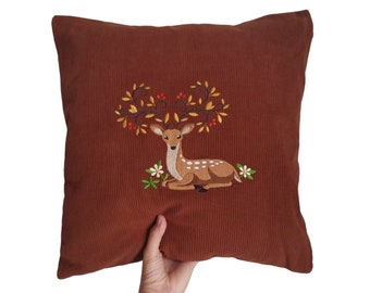 Soft and Cozy Caramel Corduroy Cushion Cover With a Whimsical Fantasy Deer, Fall Living Room Decor With Detailed Stag Embroidery