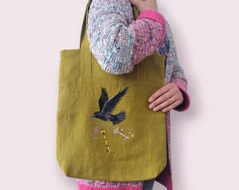 Burnished Gold Linen Tote Bag With Detailed Raven With Keys Embroidery, Handmade Grocery Bag with Bird And Floral Vintage Cotton Lining