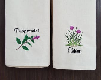 Flour Sack Towels, Embroidered Kitchen Tea Towel Set, Set of 2 Cotton Dish Towels, Peppermint and Chives Towels, Housewarming Gift