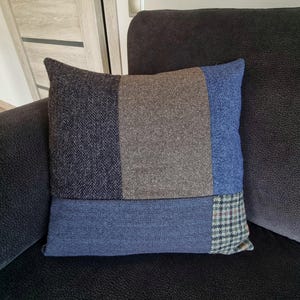 Kussenhoes Harris tweed patchwork, decoratieve kussensloop van geüpcycled wollen blok, bruinblauwe herfsthuisdecoratie, herfstkussen in Engelse stijl