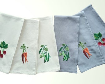 Vegetable kitchen tea towel set / cotton flour sack towels with carrot, radish and green peas embroideries, grey or beige dish cloths