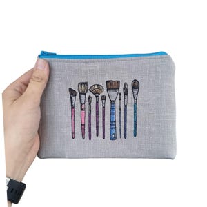 Artist zipper makeup pouch with paint brushes embroidery, linen toiletry pouch, handcrafted tool purse, Christmas gift for painter