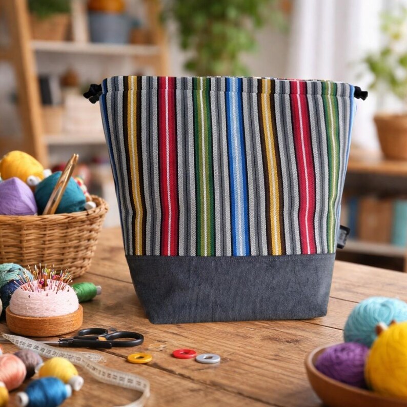 May include: A fabric yarn bag with a gray bottom and a striped pattern in red, yellow, green, blue, and gray. The bag is on a wooden table with yarn, a pincushion, and sewing tools.