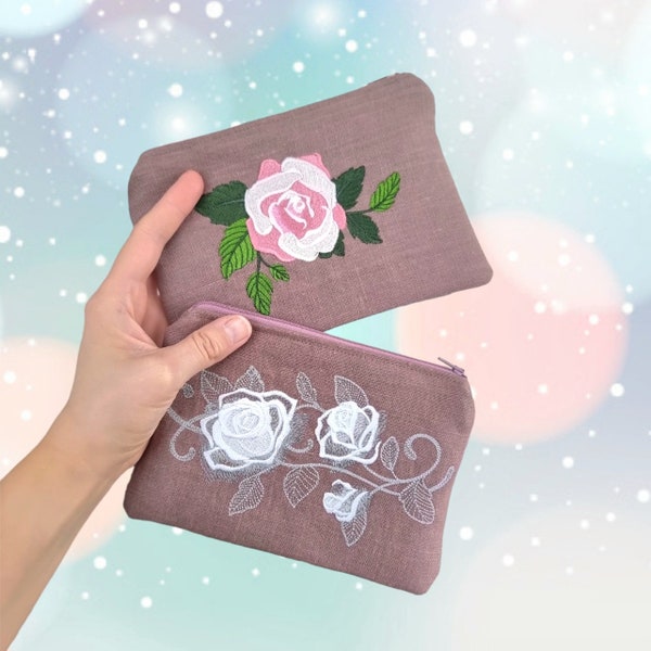Romantic Mauve Linen Zipped Makeup Purse with Rose Embroidery, Floral Cosmetic Bag, Handmade Valentines Gift For Her, Pouch With Flowers