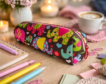 Handgemachte Federmäppchen für Kinder mit bunten Elefanten, süße Reißverschlusstasche für Kinder, Geschenk für Mädchen, Federmäppchen für junge Künstler