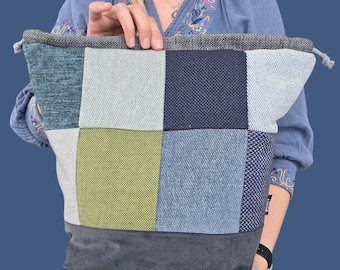 Graue, blaue und gelbe Größe L, handgefertigte Patchwork-Projekttasche, gequiltete Tasche, Geschenk für Handwerker, Häkelarbeit