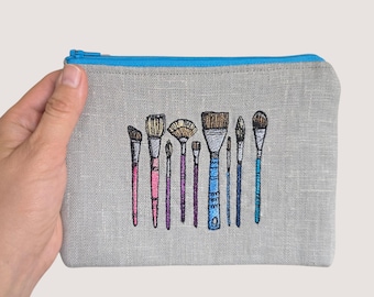 Künstler Tasche, Kulturbeutel mit Pinsel Stickerei, handgefertigte Kulturtasche aus Leinen, Geschenk für Maler