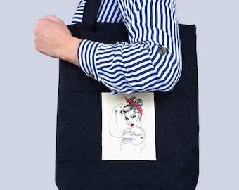 Girl Power Markttasche, Handgefertigte Einkaufstasche aus schwarzem Leinen mit starker Pin-Up-Girl-Stickerei, nachhaltige Einkaufstasche mit gepunktetem Futter