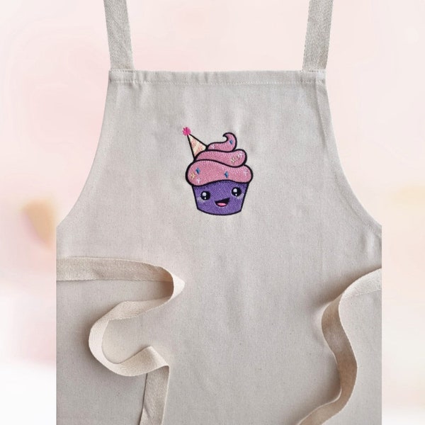 Children's Cotton Art Apron with Cute Kawaii Cupcake Embroidery and Cotton Straps, Beige Junior Craft Apron, Gift for Girls, Baking Gifts