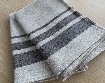 Dicke, handgemachte Leinengeschirrtücher (2er-Set) mit schwarzen Streifen, rustikale saugfähige Geschirrtücher aus natürlichem europäischem Leinen