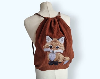 Corduroy back to school bag with a large fox embroidery / caramel brown color embroidered double drawstring gym bag for preschool kids
