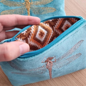 Light Turquoise Velvet Makeup Zipper Pouch With Large Gold or Copper Metallic Dragonfly Embroidery, Cosmetic Bag, Blue Toiletry Organizer zdjęcie 2
