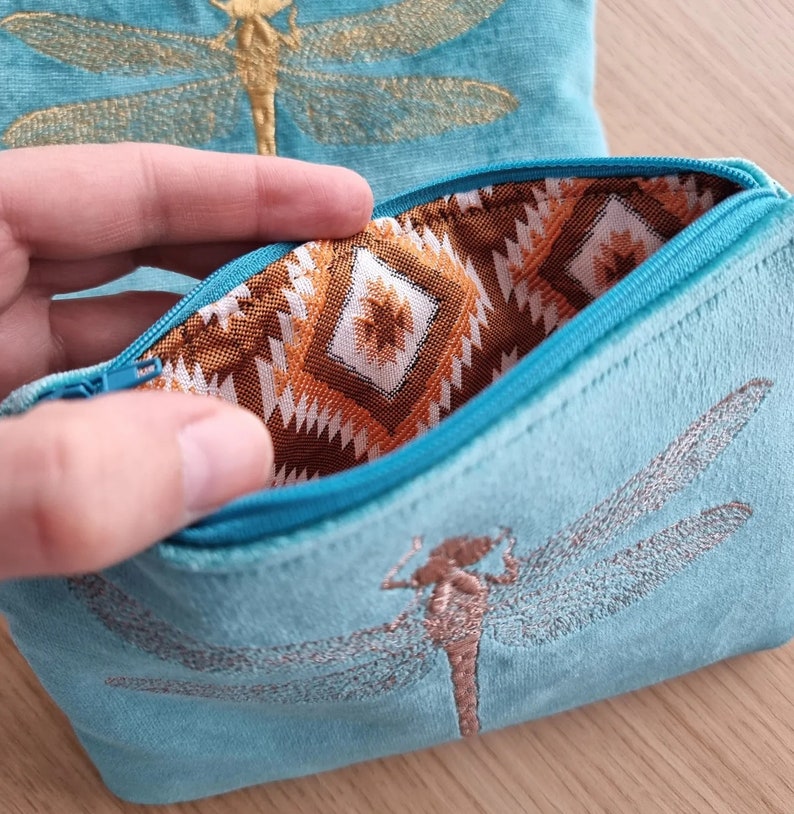 Light Turquoise Velvet Makeup Zipper Pouch With Large Gold or Copper Metallic Dragonfly Embroidery, Cosmetic Bag, Blue Toiletry Organizer zdjęcie 2