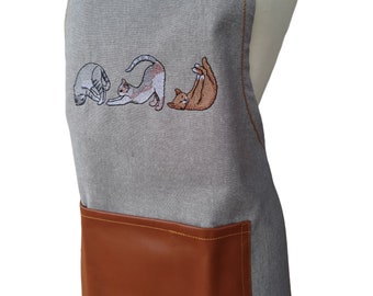 Artisan Kitchen Apron: Chef's Cotton Apron with Three Cats Doing Yoga Embroidery and Genuine Leather Pocket, Perfect Gift For Cat Person