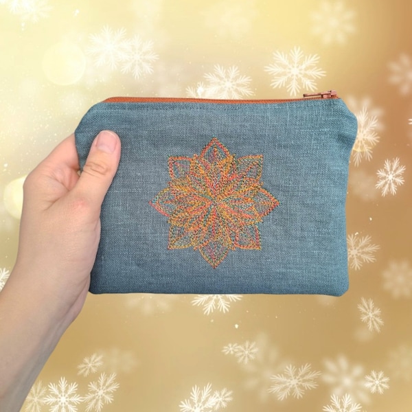 Handmade Linen Zipper Makeup Pouch with Multicolored Mandala Embroidery, Delicate Geometric Motiv Cosmetic Bag, Gift For Her