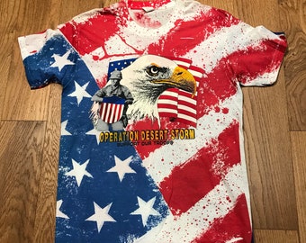 Vintage Operation Desert Storm Tee Shirt All Over Print USA Flag Army Medium Large