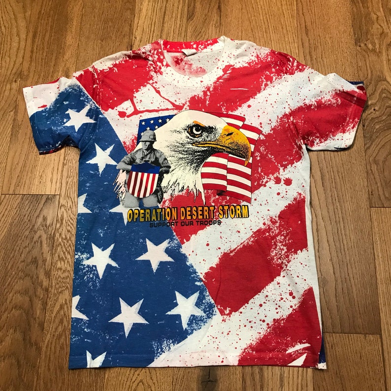 Vintage Operation Desert Storm Tee Shirt All Over Print USA Flag Army Medium Large image 1