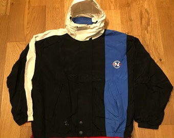 Vintage Nautica Competition Reversible Jacket 90s Full Zip Collapsible Hood Size Large