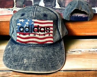 Vintage Adidas America Flag Denim Snapback Hat Adjustable 90s Stonewashed