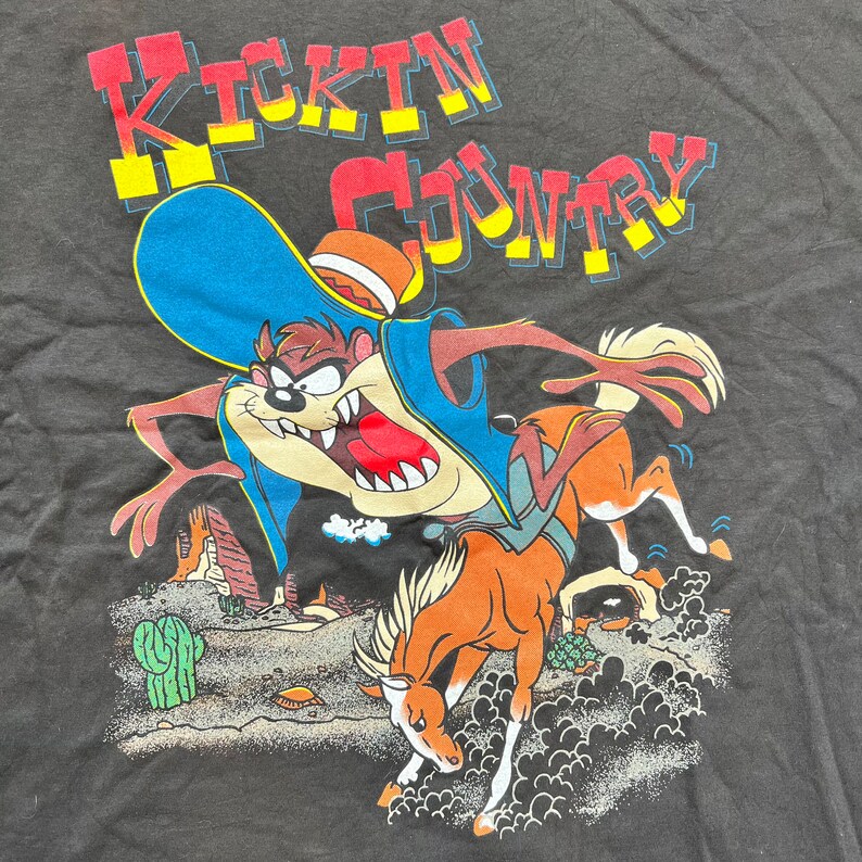 Vintage Kickin Country Tasmanian Devil TAZ Tee Shirt Looney Tunes Western Horse Signal Size 2XL image 3