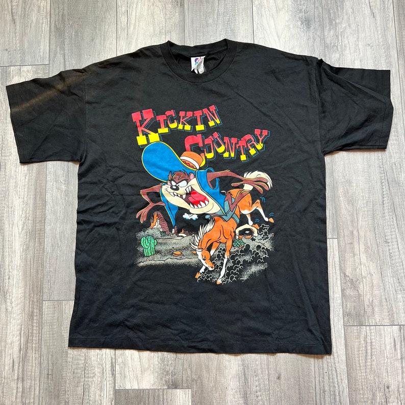 Vintage Kickin Country Tasmanian Devil TAZ Tee Shirt Looney Tunes Western Horse Signal Size 2XL image 2