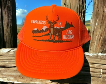 Vintage Happiness Is Big Bucks! Hunting Orange Trucker Snapback Hat Adjustable Meshback Mountains By Otto