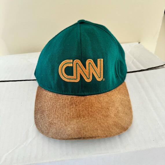 Vintage CNN News Strapback Hat Adjustable Green Suede Brim 90s Network