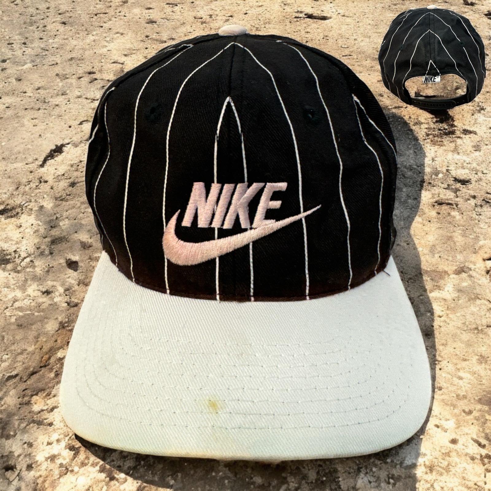 Vintage Nike Pinestripe Snapback Hat Adjustable Black White 90s