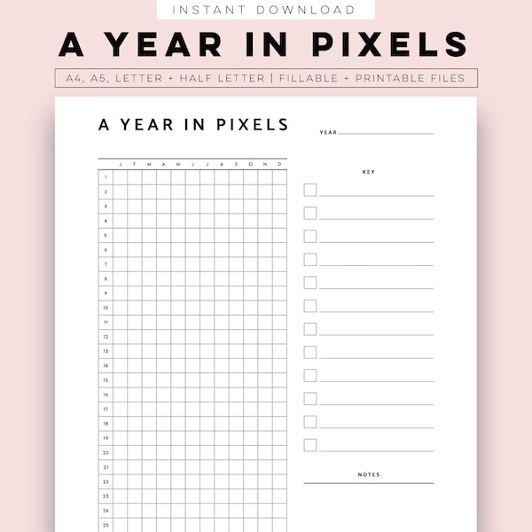 Un an en pixels Printable Annual Mood Tracker, Year in Pixels Planner Inserts A5, A4, Half-Letter & Letter PDF Modèle de téléchargement instantané