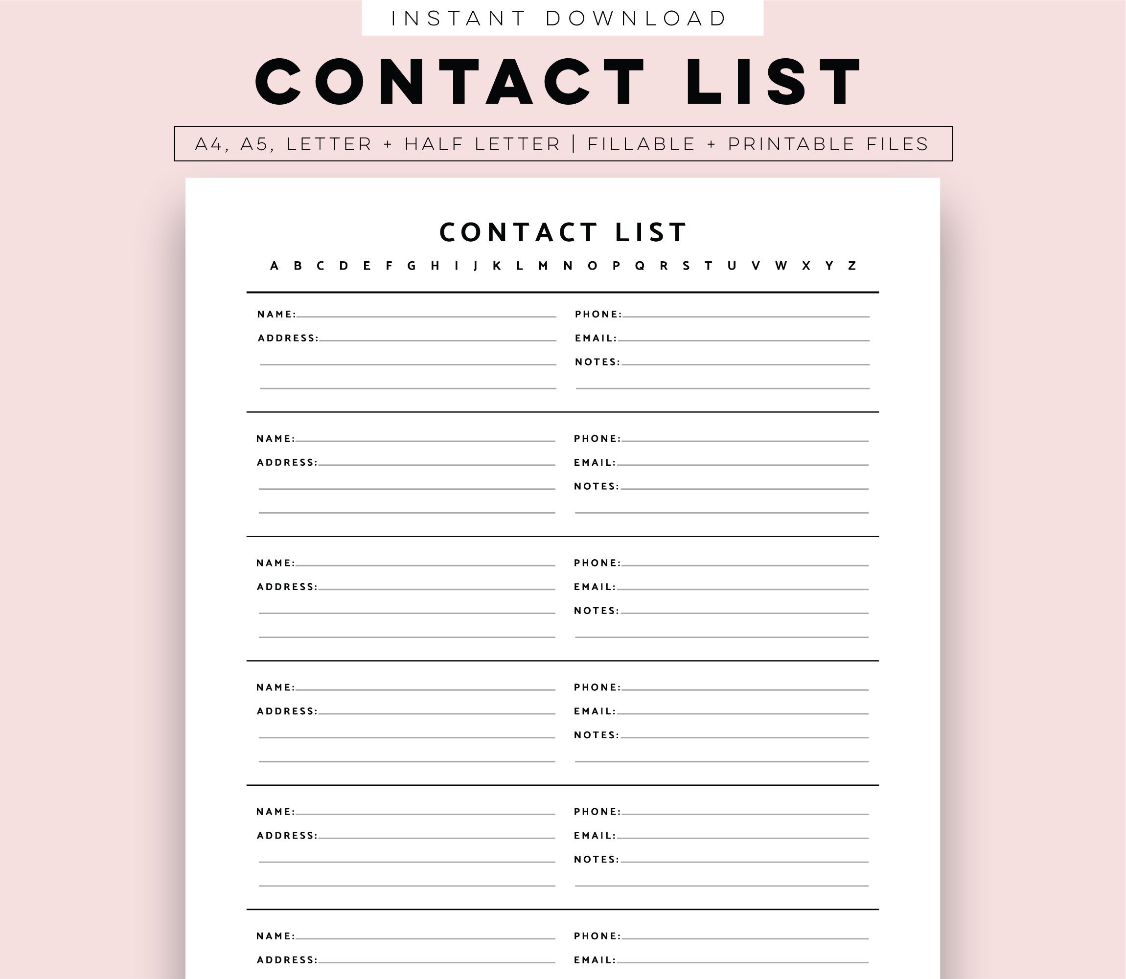 Contact List Tracker Printable, Contact List Organiser Planner Inserts ...
