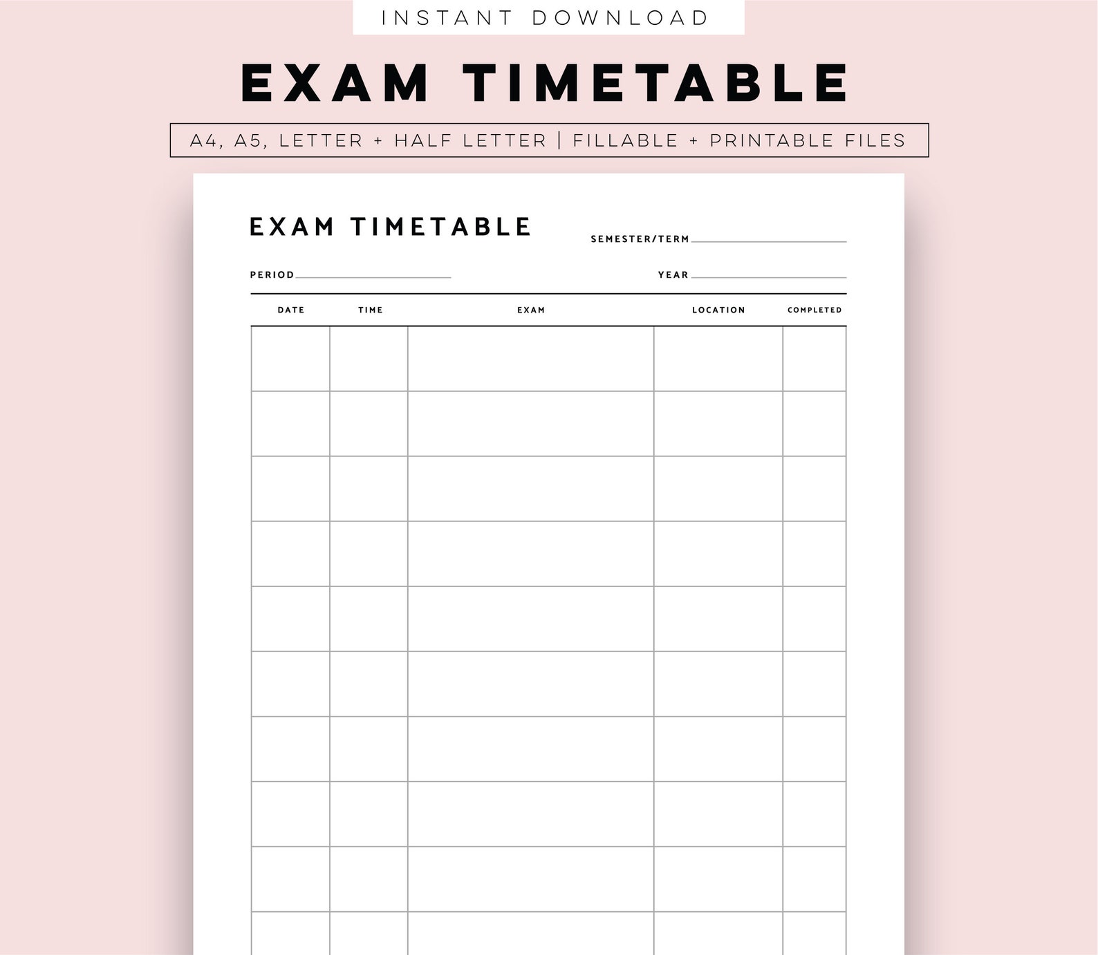 Exam Timetable Printable, Exam Planner Inserts A5 A4 Half-letter & Letter PDF Instant Download ...