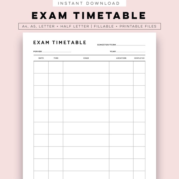 Exam Timetable Printable, Exam Planner Inserts A5 A4 Half-Letter & Letter PDF Instant Download Template