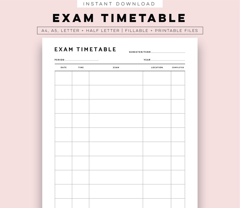 Exam Timetable Printable, Exam Planner Inserts A5 A4 Halfletter