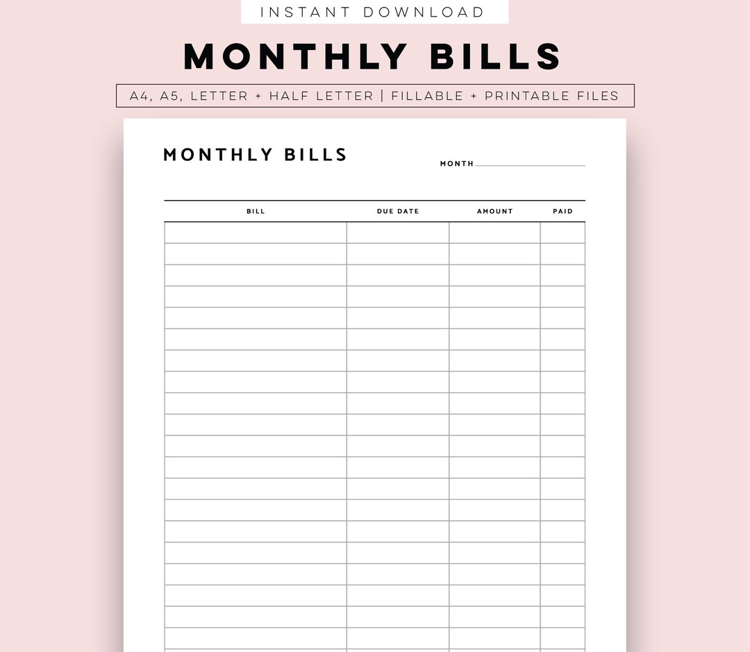 Monthly Bills Printable, Monthly Expenses Organiser Planner Inserts A5 ...