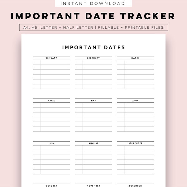 Important Dates Tracker Printable, Date Organiser Planner Inserts A5, A4, Half-Letter & Letter PDF Instant Download Template